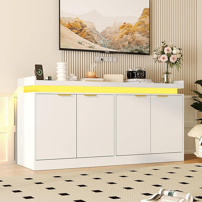 LED Sideboard Buffet Cabinet with Storage, 63'' Large Kitchen Buffet Cabinet Storage Cabinets with 4 Doors, Wood Coffee Bar Cabinets Buffet Table for Kitchen, Dining Room, Entryway