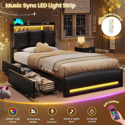 VIAGDO Twin Bed Frames with Storage Headboard and Charging Station, Leather Upholstered Bed Frame Twin Size with 4 Drawers and LED Lights, Type C and USB, No Box Spring Needed, Black