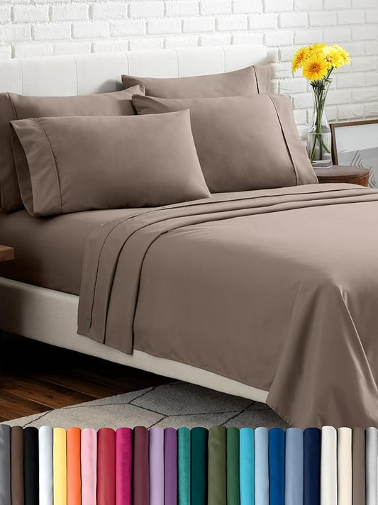 Bare Home Hotel Luxury Twin XL Sheet Set, Extra Soft - 4 Piece Set - Deep Pockets - Easy Fit - Cooling & Breathable - Wrinkle, Fade, Stain Resistant - Includes 2 Pillowcases (Twin XL, Taupe)