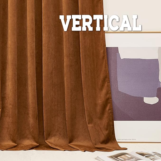 RYB HOME Fall Curtains Burnt Orange Velvet Curtains, Light Blocking, Thermal Insulated, Terracotta Luxury Window Treatment Privacy Backdrops for Bedroom Living Room, 52 inch x 84 inches, 2 Panels