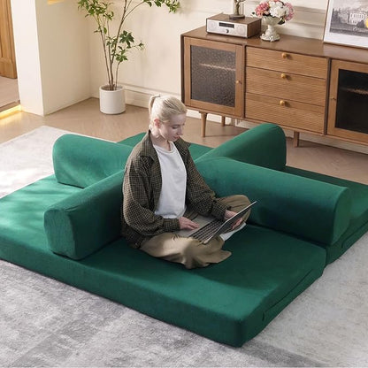 79'' Convertible Sleeper Sofa Bed, 3-in-1 Foldable Floor Couch with Corduroy Upholstery, No Assembly Loveseat, Light Brown Lounge Mattress for Living Room, Studio, Guest Room (Light Green)