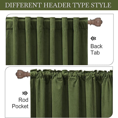 RYB HOME Olive Green Velvet Curtains 90 inches Long - Room Darkening Luxury Window Treatment Privacy Thermal Insulated Backdrops for Living Room, 52 inch x 90 inches, 2 Panels Set