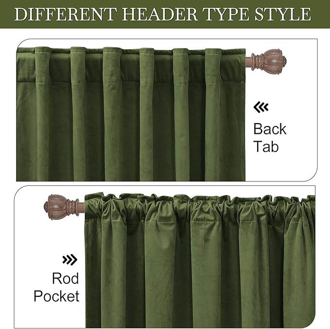 RYB HOME Velvet Curtains 72 inches Length, Back Tab & Rod Pocket Soft Fabric Curtains & Drapes for Home Office Attic Cafe Basement, Olive Green, W 52 x L 72, 2 Panels Set