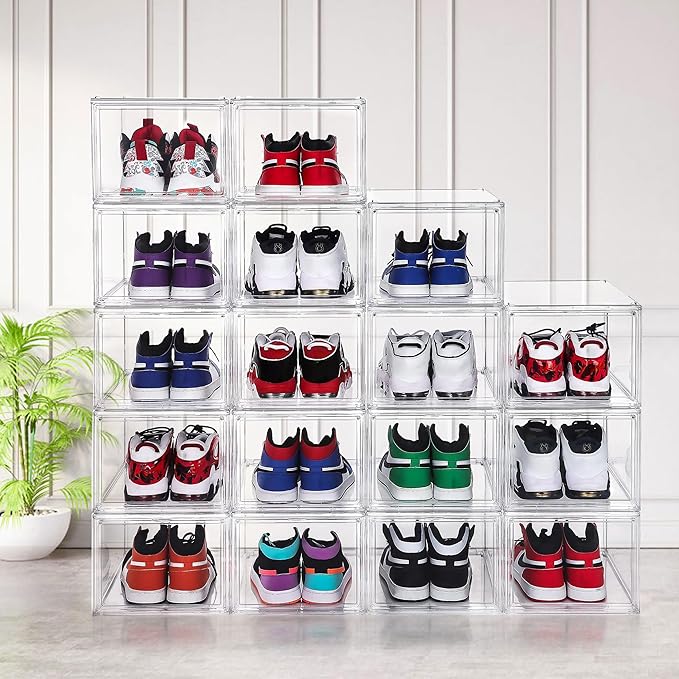 12 Pack Shoe Boxes, Acrylic Clear Shoe Boxes,360°Clear Plastic Stackable Shoe Display Box, Larger Shoe Storage Boxes, Shoe Containers, fit up to Us size 14
