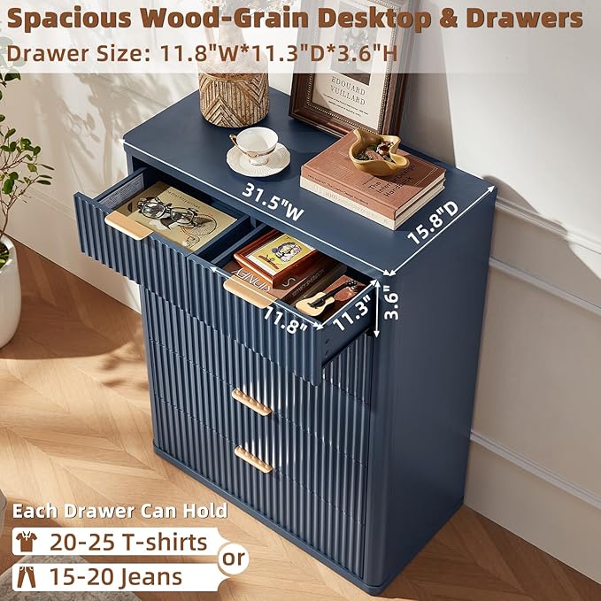 LEYAOYAO Fluted Dressers & Nightstand Set of 3, Wood 48" Wide Dresser & 42" Tall Chest of Drawers,Modern Bedroom Furniture Sets, Navy Blue Wooden Nightstand with 3 Drawers & Charging Station
