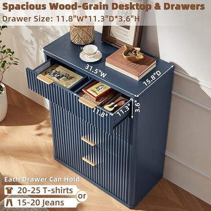 LEYAOYAO Fluted Dressers & Nightstand Set of 3, Wood 48" Wide Dresser & 42" Tall Chest of Drawers,Modern Bedroom Furniture Sets, Navy Blue Wooden Nightstand with 3 Drawers & Charging Station