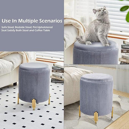 Mxfurhawa Round Ottoman Foot Stool with Storage and Metal Legs for Living Room Bedroom, Velvet Upholstered Footrest Stool Support 300lbs Modern Padded Seat Ottoman Coffee Table (Grey)