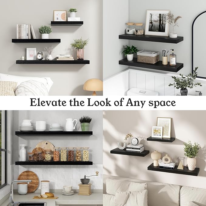 Floating Shelves for Wall, 9.3" Deep Wall Mounted Wood Shelves for Bathroom, Bedroom, Living Room, Kitchen, Hanging Shelf for Books/Storage/Room Decor (Black, 24")