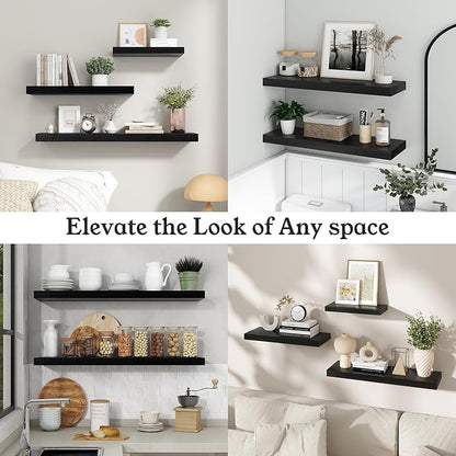 Floating Shelves for Wall, 9.3" Deep Wall Mounted Wood Shelves for Bathroom, Bedroom, Living Room, Kitchen, Hanging Shelf for Books/Storage/Room Decor (Black, 55")