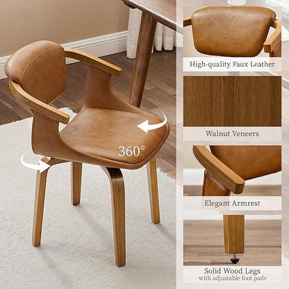 Art Leon Swivel Dining Chairs Set of 2 - Mid Century Modern Kitchen Dining Room Chairs, Faux Leather Chair No Wheels, Retro Brown