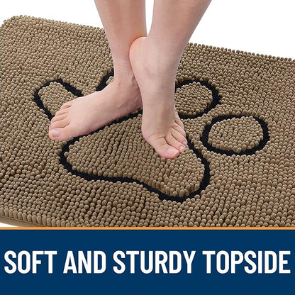 OLANLY Dog Door Mat for Muddy Paws 36x24, Paw Print Design, Absorbs Moisture and Dirt, Absorbent Non-Slip Washable Doormat, Quick Dry Chenille Mud Mat for Dogs, Entry Indoor Entryway Carpet, Tan
