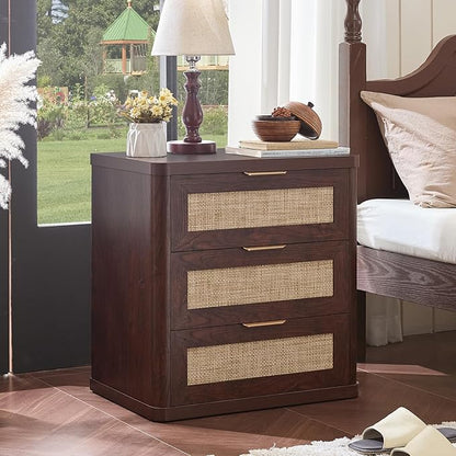 LEYAOYAO Rattan Night Stand with Drawers, 23" Large 3 Drawer Boho Nightstand, Walnut Bedside Table Storage Cabinet, Bed Side End Tables Dresser for Bedroom, Living Room, Hallway, Closet