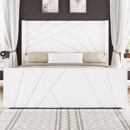 BarnFurin Queen Size Bed Frame, Velvet Upholstered Platform Bed with Geometric Tufted Headboard & Footboard, Wingback Design, Mattress Foundation with Wooden Slats, Cream White
