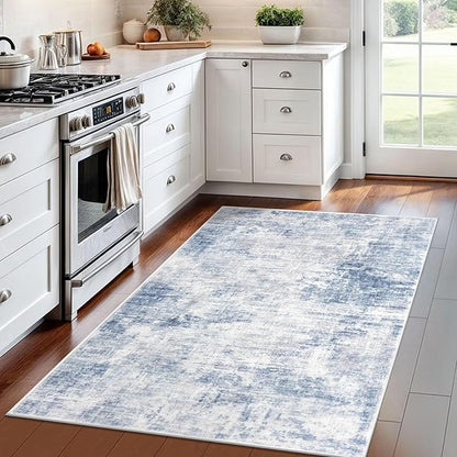 IOHOUZE Abstract Area Rug 4x6 Ft Washable Rugs for Entryway Indoor, Non Slip Small Living Room Rugs Printed Faux Wool Throw Rug, Floor Carpet for Kitchen Nursery Playroom, Light Blue White