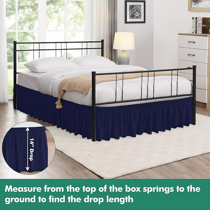 Biscaynebay Wrap Around Bed Skirts with Split Corners for Queen Beds 14" Drop, Navy Elastic Dust Ruffles Adjustable Easy Fit Wrinkle & Fade Resistant Silky Luxurious Fabric Machine Washable