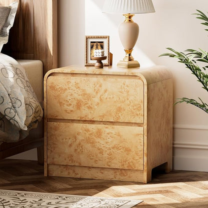 2 Drawer Farmhouse Nightstand with Rounded Edge, Modern Dresser Mid Century Side Table for Bedroom, Burl Finish, Natural