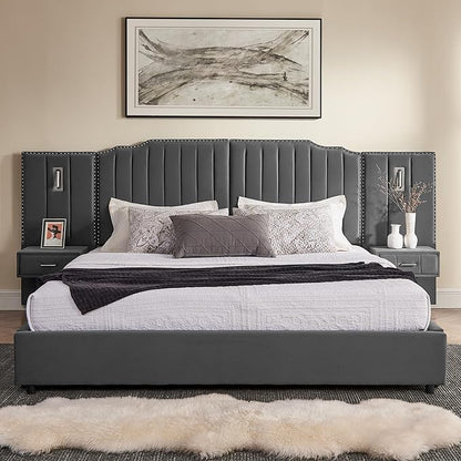 King Size Bed Frame with Storage, Luxury King Platform Bed Frame with Headboard, Velvet Fabric Upholstered Bedframe with LED Lights, Solid Frame & Bedside Table, No Box Spring Needed, Gray