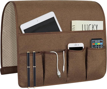 NB Sofa Armrest Organize remote holder bedside caddy organizer with 5 pockets，non-slip couch remote control holder couch armchair caddy accessories (Flaxen, 35''x18'')