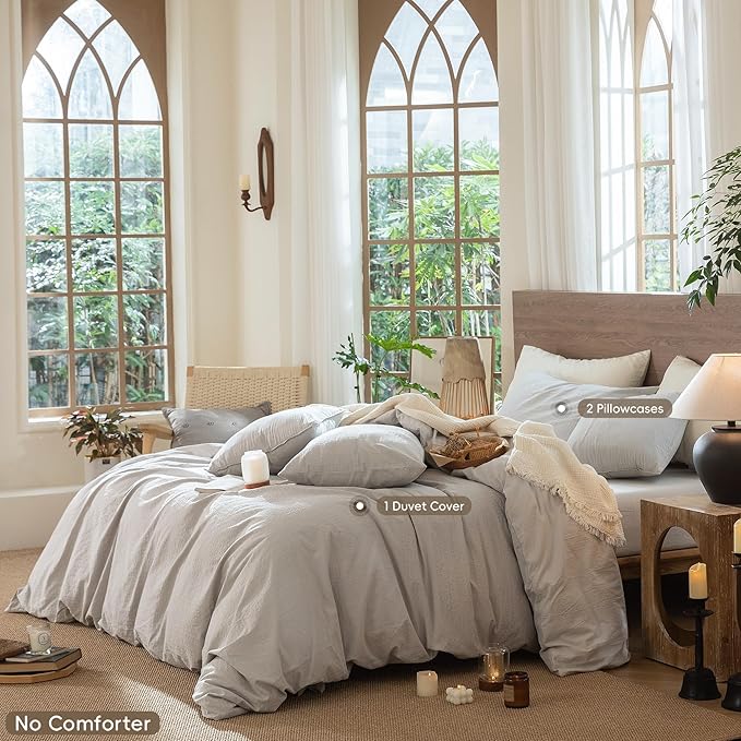 MooMee Wavy Striped Duvet Cover Set 100% Washed Cotton Linen Like Textured Breathable Durable Soft Comfy (Light Grey, King 104"x90")