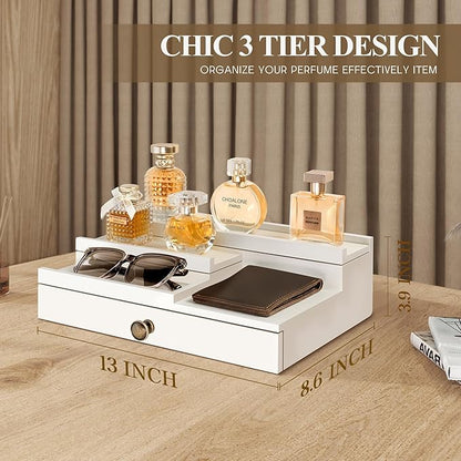 EOSAHR Modern Wooden Cologne Organizer for Room Decor - 3 Tier Cologne Holder with Storage Drawer and Hidden Compartment - Perfume Organizer for Dresser (White)