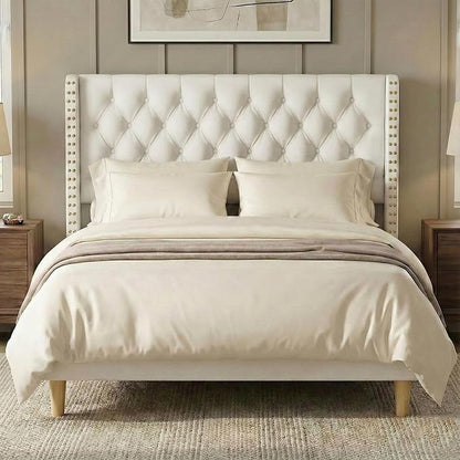 Queen Bed Frame White Velvet, 47.2" Tall Wingback Headboard with Gold Nailhead Trim, Upholstered Platform Bed with Diamond Tufting, 1000lbs Heavy Duty Support, No Box Spring Needed
