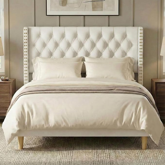 Queen Bed Frame White Velvet, 47.2" Tall Wingback Headboard with Gold Nailhead Trim, Upholstered Platform Bed with Diamond Tufting, 1000lbs Heavy Duty Support, No Box Spring Needed