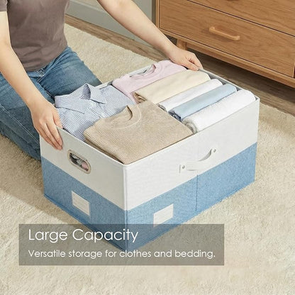 PRANDOM Collapsible Storage Bins with Lids [3-Pack] Linen Fabric Foldable Storage Boxes Organizer Containers Baskets Cubes with Cover for Bedroom Closet Nursery Blue&White (23.4X15.9X11.4)