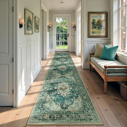 Area Rugs 2'x9' Washable Non-Slip, Floral Vintage Distress Print Pattern Medallion Carpet for Living Room Bedroom Dining Room, Dark Blue Vintage