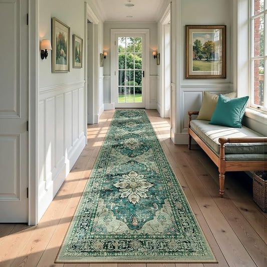 Area Rugs 3'x12' Washable Non-Slip, Floral Vintage Distress Print Pattern Medallion Carpet for Living Room Bedroom Dining Room, Dark Blue Vintage