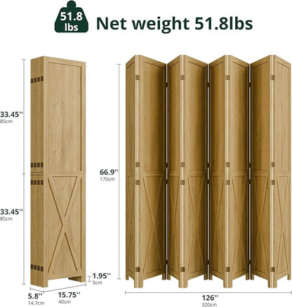 Cozy Castle Wood Room Divider, 8 Panels Folding Privacy Screen, 66.9'' Wall Divider, Barnwood Room Separator, Freestanding Partition, Temporary Wall for for Home Office Restaurant Decorative, Natural