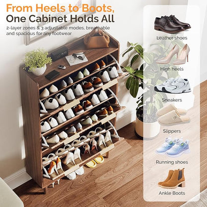 VINGLI Fluted Shoe Storage Cabinet for Entryway with 3 Flip Drawers, Narrow Shoe Organizer with Fluted Panel, Freestanding Wood Hidden Shoe Cabinet for Foyer, Hallway (Dark Walnut, 3 Flip Drawers)