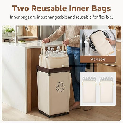StorageWorks Recycling Bin with Lid, 29Gal Large Recycling Bin for Kitchen, Indoor Recycling Bins with 2 Reusable Washable Bags for Bottles and Cans, Steel Frame Fabric Sorter, 110L, Beige