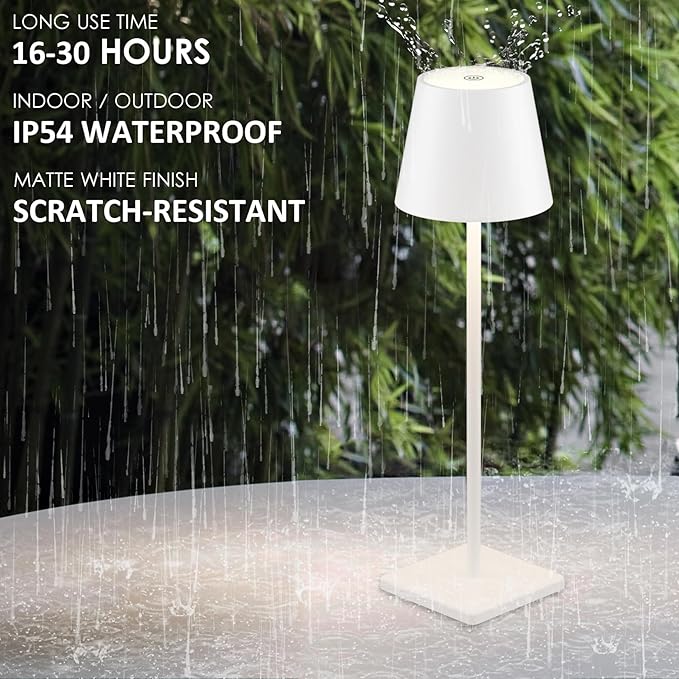 4-Pack Rechargeable Table Lamps, LED Cordless Table Lamp, 3W 6000mAh Battery Operated Table Light, Stepless Dimming Portable Table Light Waterproof for Restaurant/Indoor/Outdoor (White)