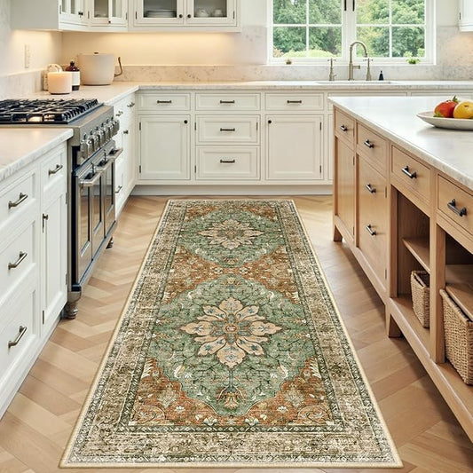 Area Rugs 3'x8' Washable Non-Slip, Floral Vintage Distress Print Pattern Medallion Carpet for Living Room Bedroom Dining Room, Brick Red Rust Neutral Brown Burnt Orange Green