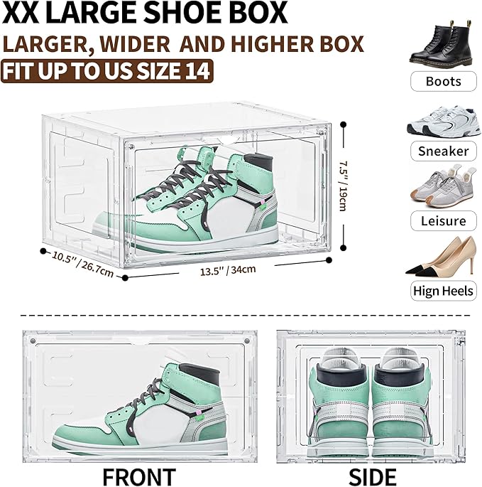 6 Pack XX Large Shoe Organizer, Heavy-Duty Hard Thicken Plastic Clear Stackable Shoe Storage Box Organizer for Closet, Space-Saving Shoe Rack Display Case Bin Containers for Sneakers, Clear