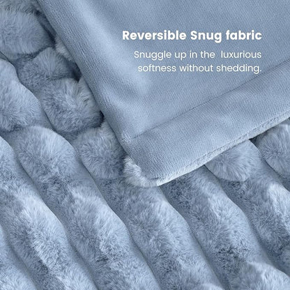 Cozy Bliss Faux Fur Throw Blanket for Couch, Cozy Warm Plush Striped Blanket for Sofa Bedroom Living Room, 108 * 90 Inches Light Blue
