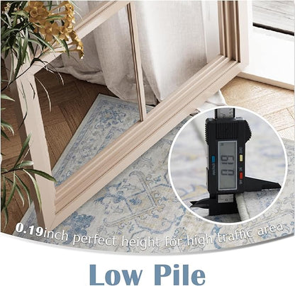 jinchan 5x7 Area Rugs Machine Washable Vintage Floral Throw Rug for Living Room Soft Ultra-Thin Low Pile Non-Slip Carpet for Kitchen, Bedroom, Dining Room, Nursery (5x7ft, Blue)