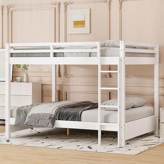 Bellemave Queen Over Queen Size Bunk Bed for Kids/Adults,Solid Wood Bunk Bed Frame Queen Size with Ladder & Safety Guardrails,White