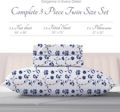 Carressa Linen Luxury Egyptian Cotton Twin XL Printed Sheet Set - 600 Thread Count Extra Long Staple 3 PC Set, Floral Blue Twin XL Sheets, Soft, Cooling Sateen Weave Sheets Upto 18 in Deep Pocket