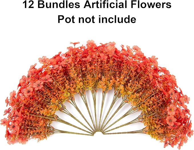 HyeFlora Artificial Fall Flowers Faux Mums for Outdoor Indoor Garden Home Decoration, Faux Flower Daisy with Eucalyptus Leaves Fake Mums Plants Greenery Boxwood Porch Patio, 12 Bundles (F Orange)