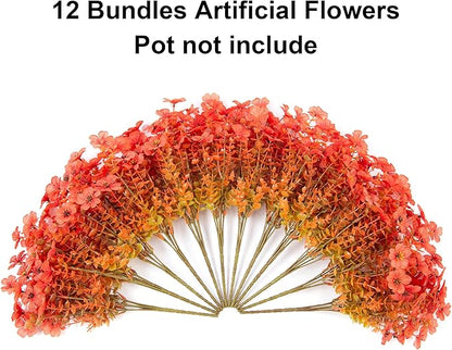 HyeFlora Artificial Fall Flowers Faux Mums for Outdoor Indoor Garden Home Decoration, Faux Flower Daisy with Eucalyptus Leaves Fake Mums Plants Greenery Boxwood Porch Patio, 12 Bundles (F Orange)