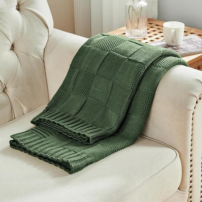 CozeCube Check Knit Throw Blanket, Christmas Green Checkered Bedroom Blanket for Couch, Soft Cozy Warm Knitted Blanket for Bed Sofa Living Room, Decorative Spring Fall Throw Blanket, 50"X60"