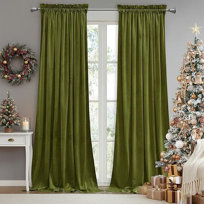 StangH Elegant Olive Green Velvet Curtains Christmas Decor Thermal Insulated Room Darkening Drapes for Home & Office, Heavy Soft Curtains, W52 x L100, 2 Panels