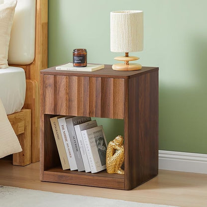 Fluted Dresser, Small Nightstands Set of 2, Walnut Bedside Table with Drawer and Storage, Mid Century Modern Side Table for Bedroom Sofa