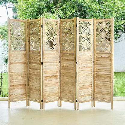 Svimi Folding Room Divider, 66.9 Inch 6 Panels Wood Carved Privacy Screens, Free Assembled Freestanding Portable Separation Wall for Home Office Bedroom (Natural)