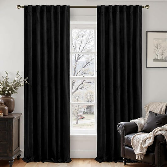 LAMIT Black Velvet Blackout Curtains 90 Inches Long, Luxury Thermal Room Darkening Panels for Bedroom Back Tab and Rod Pocket Soundproof Halloween Drapes for Living Room, 2 Panels, 52 x 90 Inch
