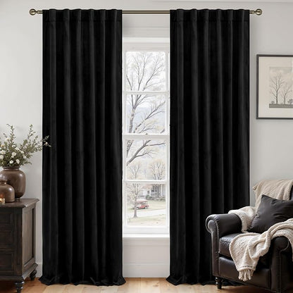 LAMIT Velvet Blackout Curtains 108 Inch for Bedroom, Black Thermal Room Darkening Panels for Movie Theater Living Room Back Tab and Rod Pocket Privacy Protected Drapes, 2 Panels, 52 x 108 Inch