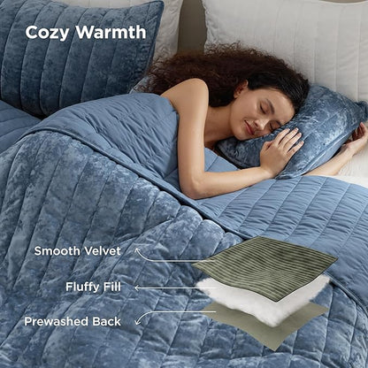 Bedsure Velvet Quilt Queen Size Set - Lightweight Velvet Comforter Queen, Luxury Bedspread Coverlet, Ultra-Soft Winter Bedding Set with 2 Pillow Shams, 90"x96", Blue