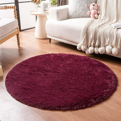 duduta Burgundy Plush Round Rug 4x4 ft, Fluffy Shag Rugs for Bedroom Classroom Nursery Playroom Dorm Decor, Washable Non Slip