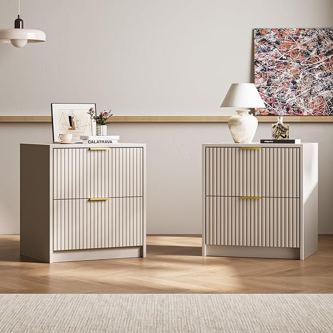 3-Piece Dresser Bedroom Set, 5 Drawer Dresser & 2 Drawer Nightstands with Gold Handles, Fluted Wood Chest of Drawers for Bedroom, Living Room, Entryway, Beige